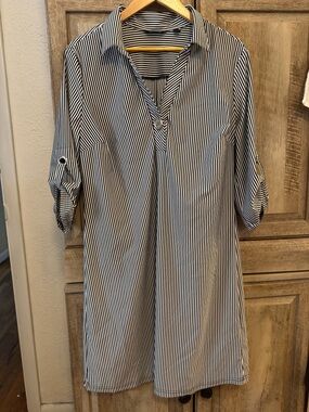 Striped Black and White Woman’s  Collared Tunic Shirt